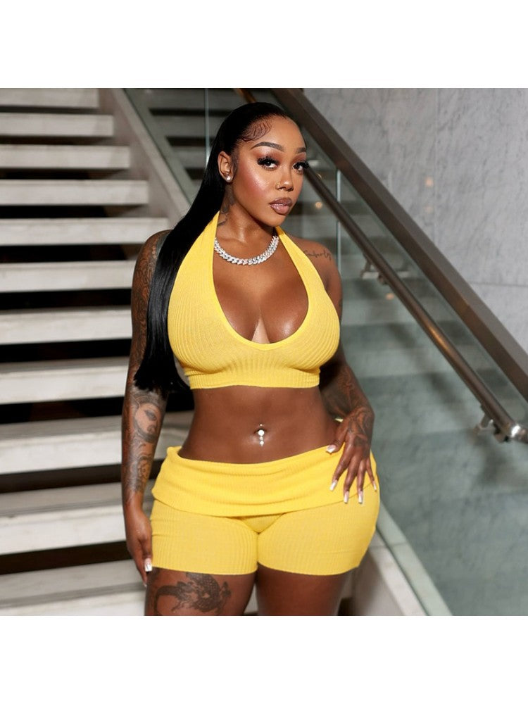 Halter Backless Lace-Up Cropped Short Sets