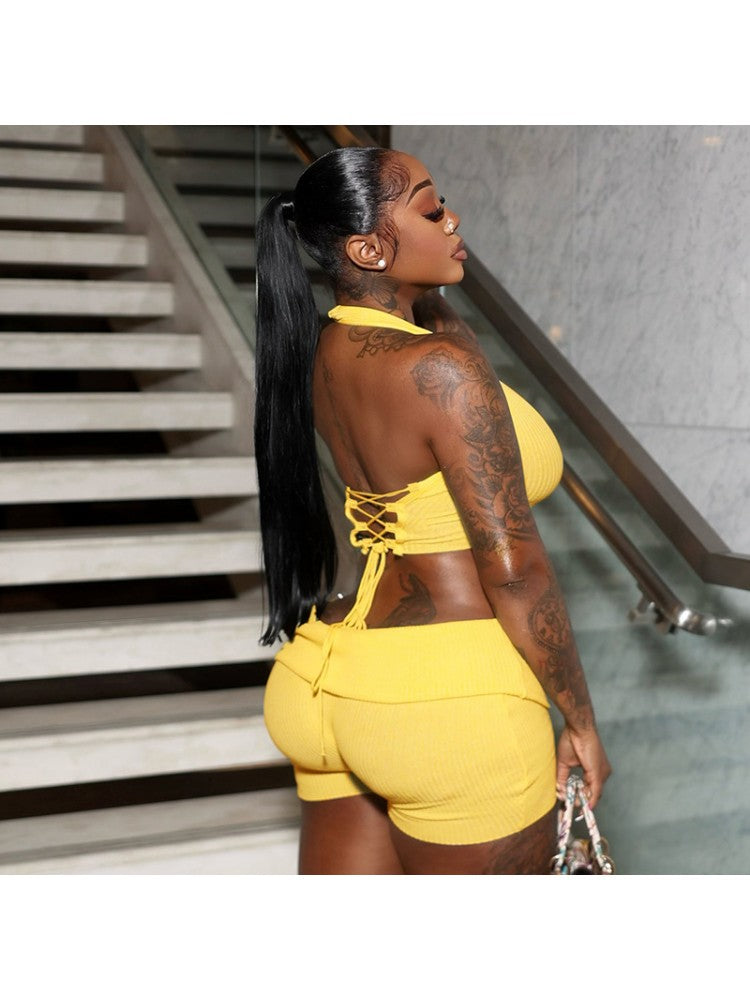 Halter Backless Lace-Up Cropped Short Sets